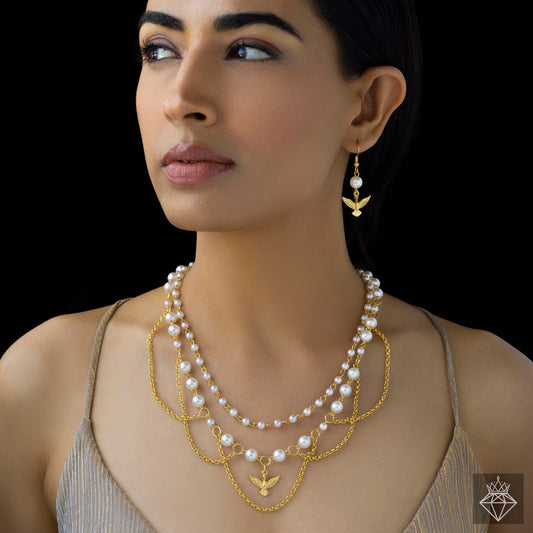 AUROZI Anti-Tarnish Pearls & Bird Necklace Set with Earrings