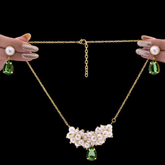 AUROZI Anti-Tarnish Pearl & Crystal Necklace Set With Earrings