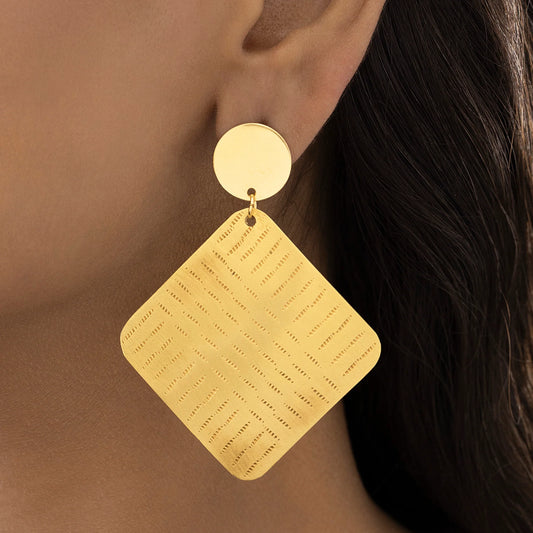 AUROZI Anti-Tarnish Golden Brass Square Dangle Earrings