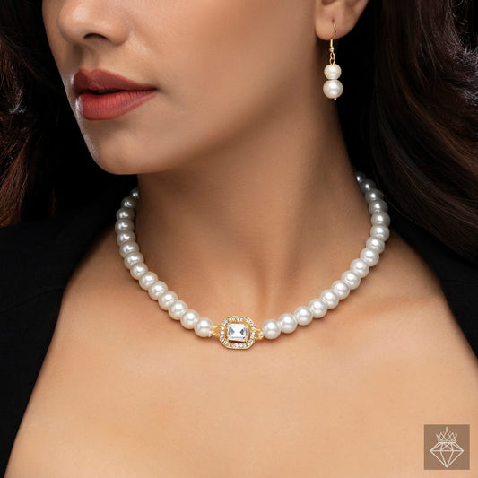 AUROZI Anti-Tarnish Crystal Pearl Necklace Set With Earrings