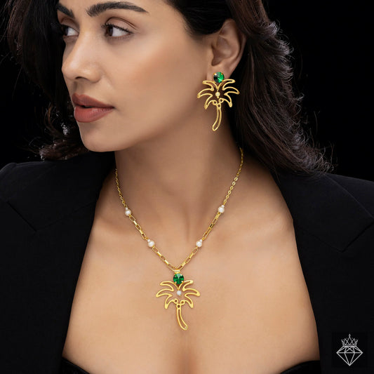 AUROZI Anti-Tarnish Palm Tree Necklace Set With Earrings