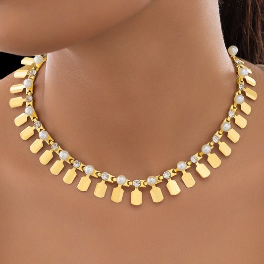 AUROZI Anti-Tarnish Gold Plated Tribal Necklace With Pearl & Crystal