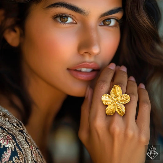 AUROZI Anti-Tarnish Lily Flower Ring (Adjustable Size) Elegant Floral Design | Red Crystal Accents | Tarnish-Resistant