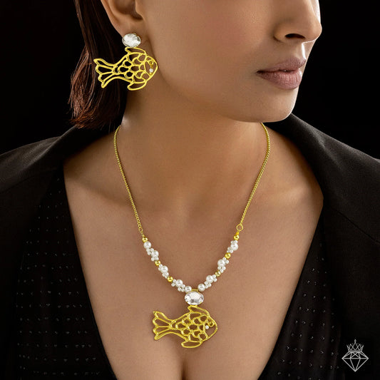 AUROZI Anti-Tarnish Golden Fish Necklace Set With Earrings