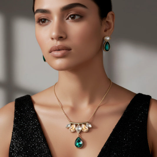 AUROZI Anti-Tarnish Marquise and Drop Crystals Pendant Necklace Set with Earrings