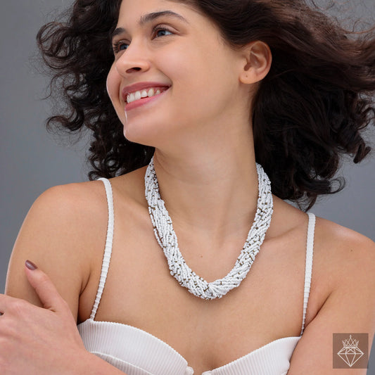 AUROZI Multi-Layered White Seed Bead Necklace – Elegant Statement Jewelry