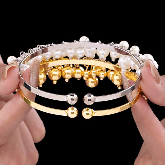 AUROZI Anti-Tarnish Golden & Pearl Bangle Bracelets Set (Adjustable Size)