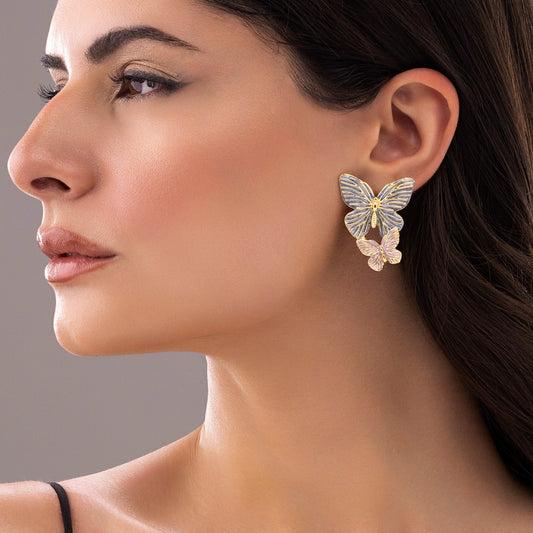 AUROZI Anti-Tarnish Blue and Pink Enamel Butterfly Dangle Earrings