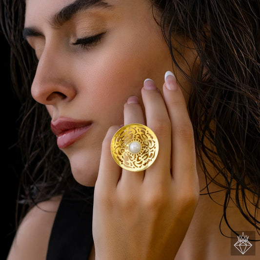 Aurozi Anti-Tarnish Golden Filigree Ring With Pearl (Adjustable Size)