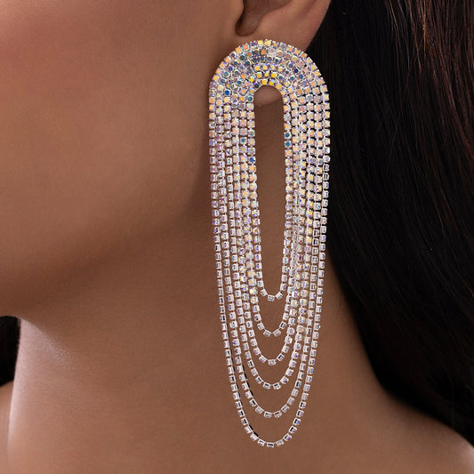 AUROZI Anti-Tarnish Silver U-Shaped Rhinestone Dangle Earrings