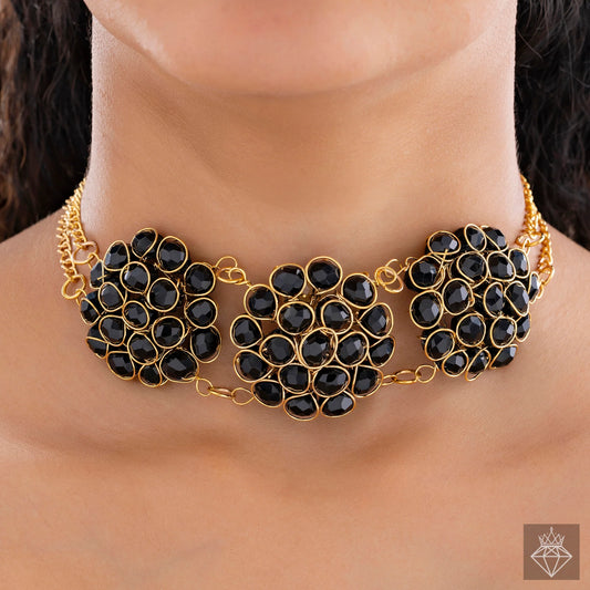 AUROZI Stunning Black Crystal Beads Gold Choker Necklace Set With Earrings