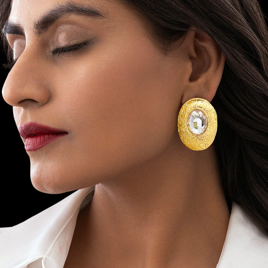 AUROZI Anti-Tarnish Textured Oval Statement Earrings with Crystal
