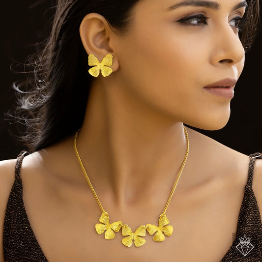 AUROZI Anti-Tarnish Golden Butterflies Necklace Set With Earrings