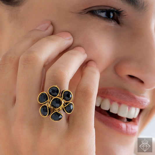 AUROZI Alluring Black Crystal Cocktail Ring – Adjustable Glam Statement
