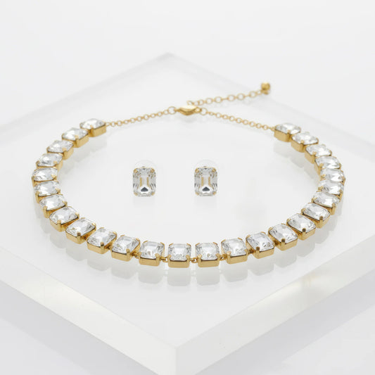 AUROZI Anti-Tarnish Single-Line Crystal Necklace Set with Earrings