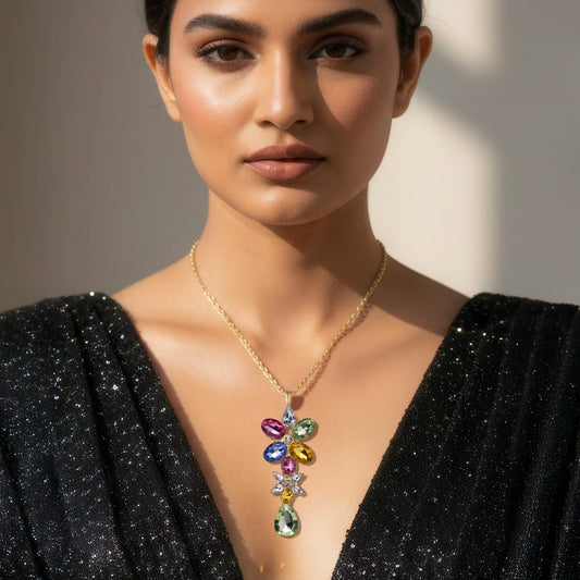 AUROZI Anti-Tarnish Multi-Color Flower Design Long Pendant Necklace