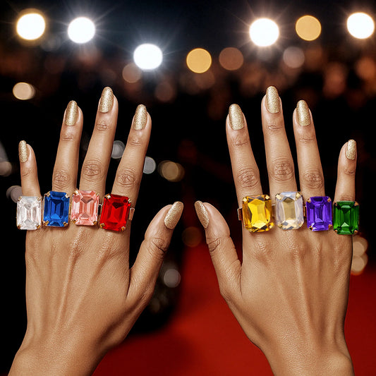 Super Saver Pack Of 8 Anti-Tarnish Premium Quality Multicoloured Crystal Rings By AUROZI (Adjustable Size)