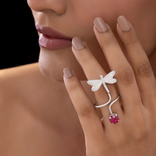 AUROZI Anti-Tarnish Silver Drangonfly Crystal Ring (Adjustable Size)