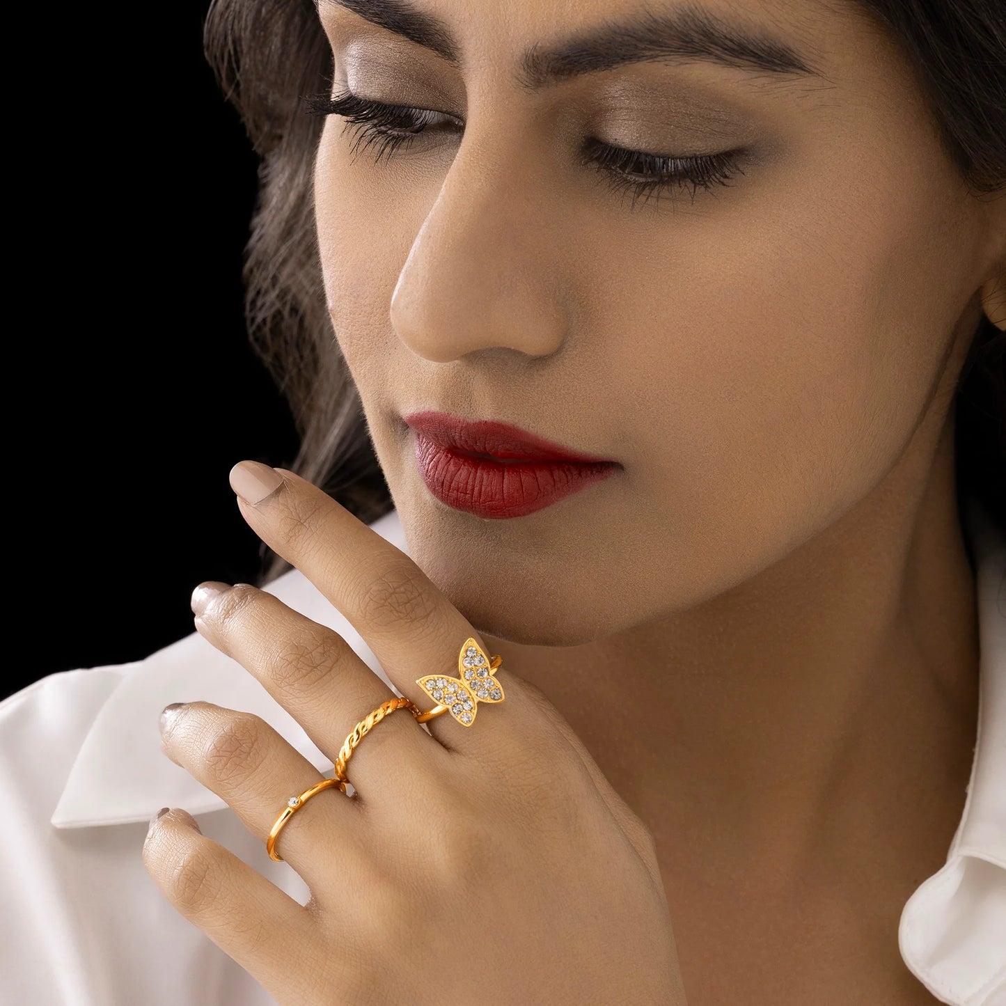 AUROZI Anti-Tarnish Pack Of 3 Golden Crystal Rings (Adjustable Size)