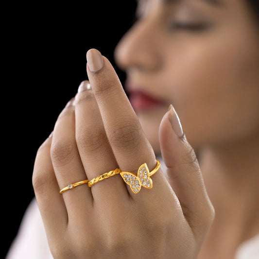 AUROZI Anti-Tarnish Pack Of 3 Golden Crystal Rings (Adjustable Size)