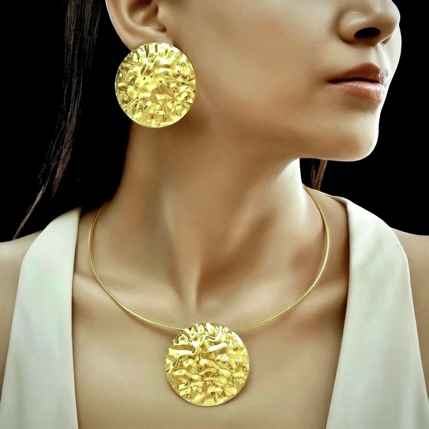 AUROZI Anti-Tarnish Hammered Golden Coin Super Saver Pack Of GOLD Plated WAVY Necklace Set With Earrings, Bracelet & Rings