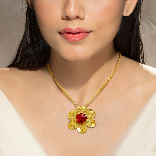 AUROZI Anti-Tarnish Ruby Flower Super Saver Pack Of GOLD Plated WAVY Necklace Set With Earrings, Bracelet & Rings