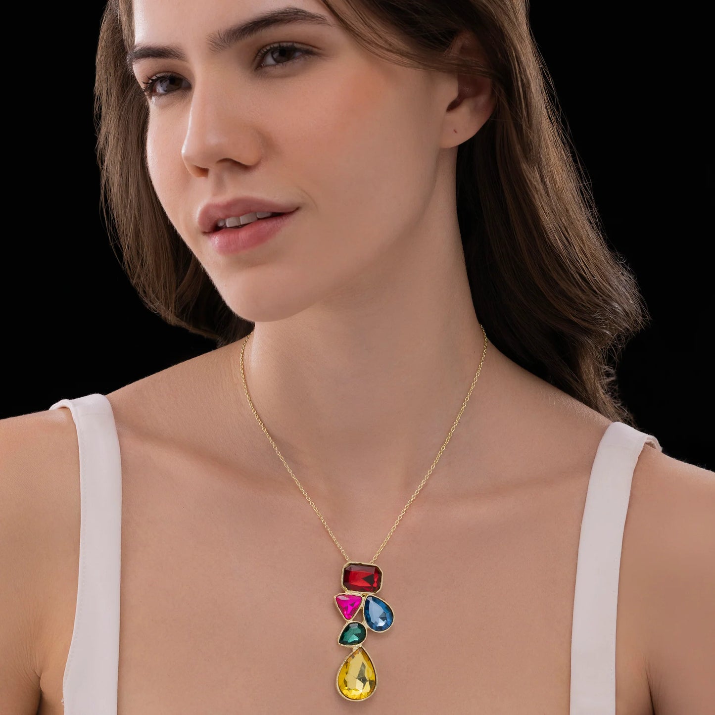 AUROZI Anti-Tarnish Abstract Multi-Color Shapes Long Pendant Necklace