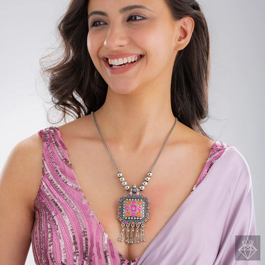 AUROZI Antique Oxidized Necklace with Colorful Enamel Square Pendant