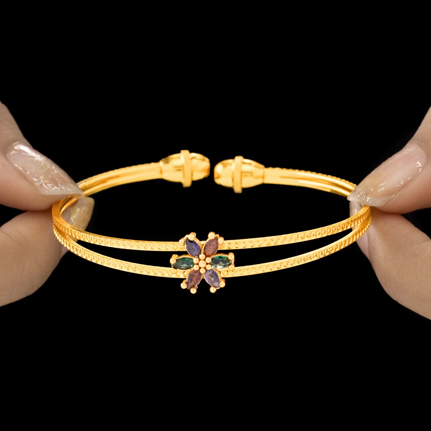 AUROZI Anti-Tarnish Double-Line Crystal Flower Bangle Bracelet