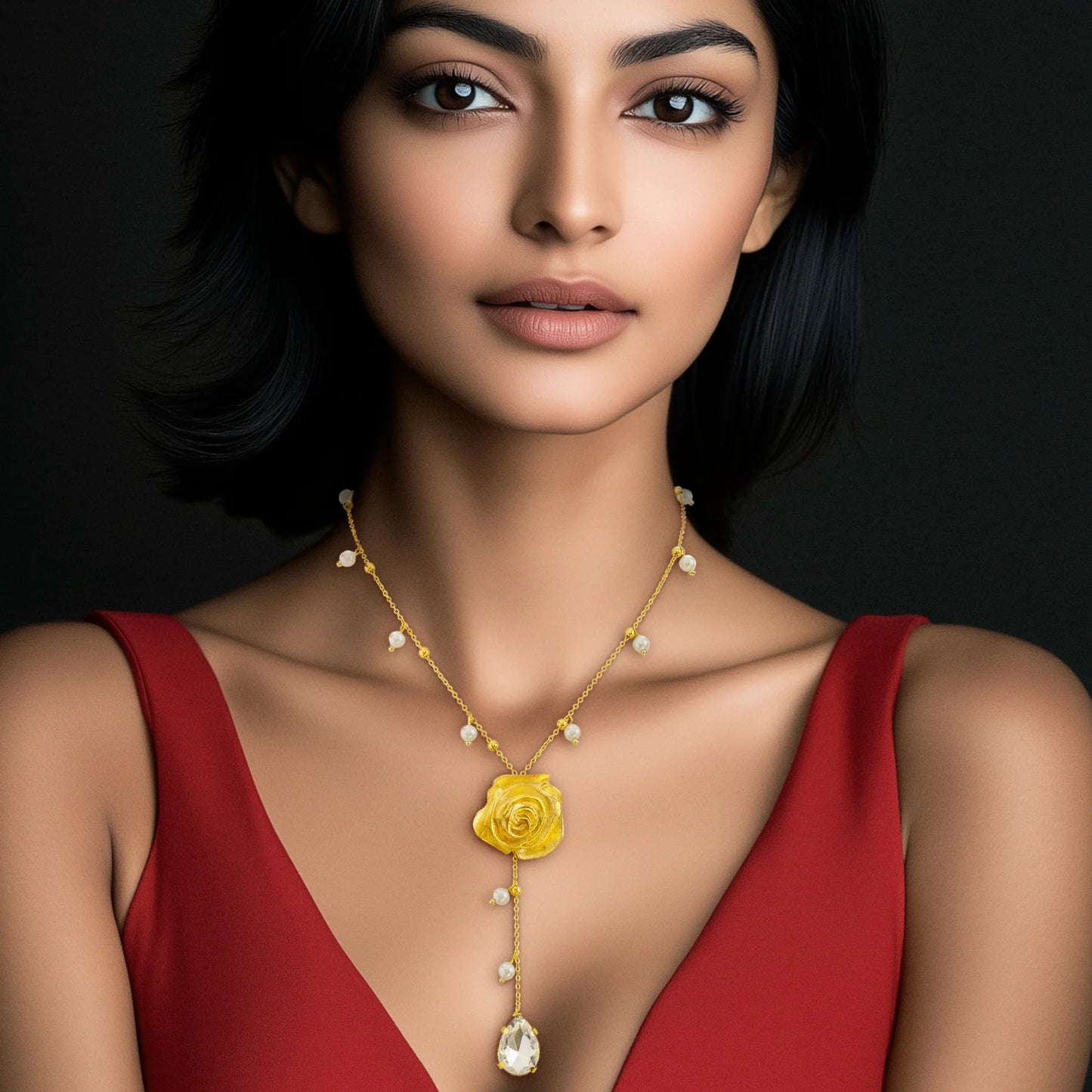 AUROZI Anti-Tarnish Golden Rose Crystal Necklace