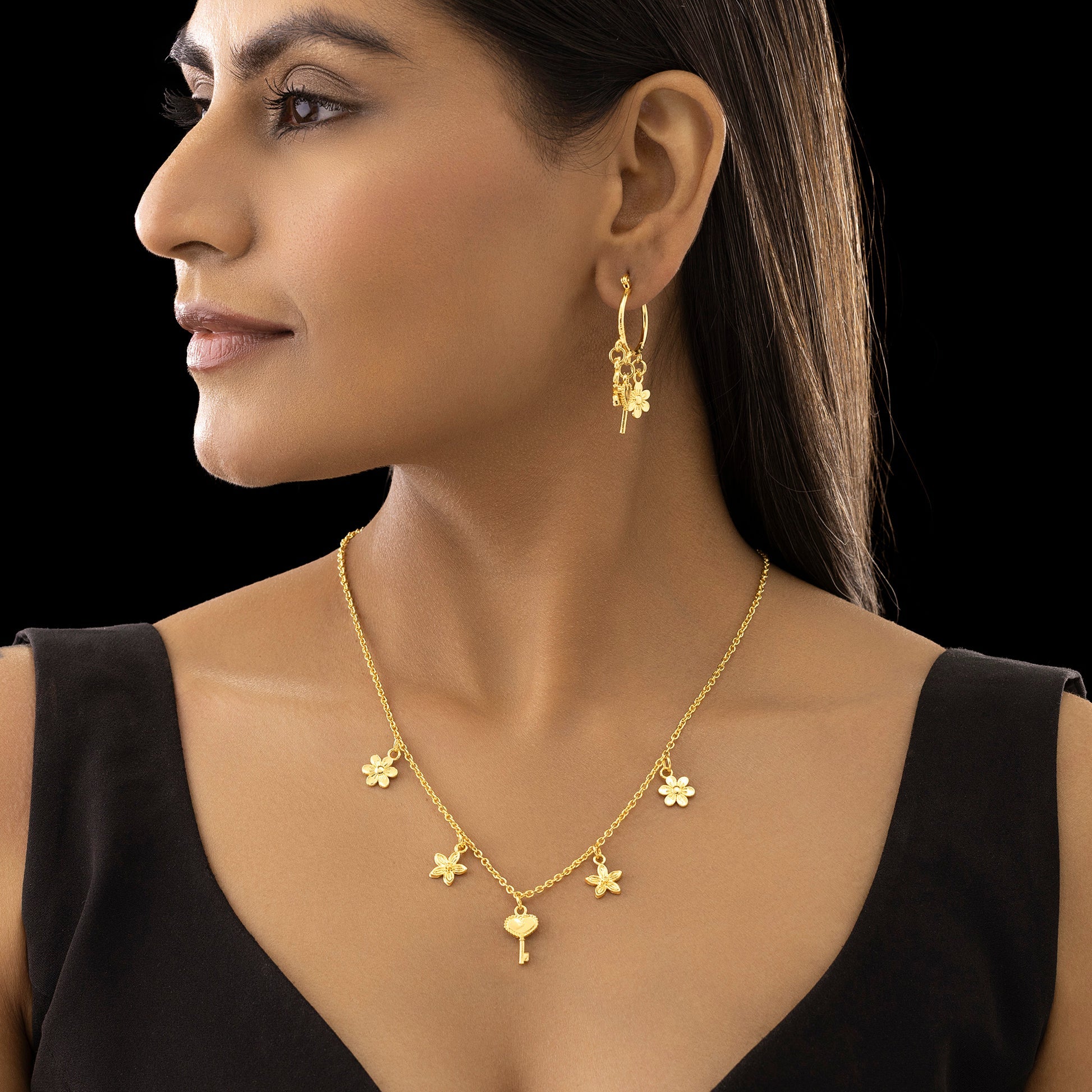 AUROZI Anti-Tarnish Multi-Charm Chain Necklace with Earrings