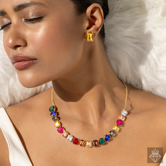AUROZI Anti-Tarnish Multicolour Crystal Necklace Set With Earrings