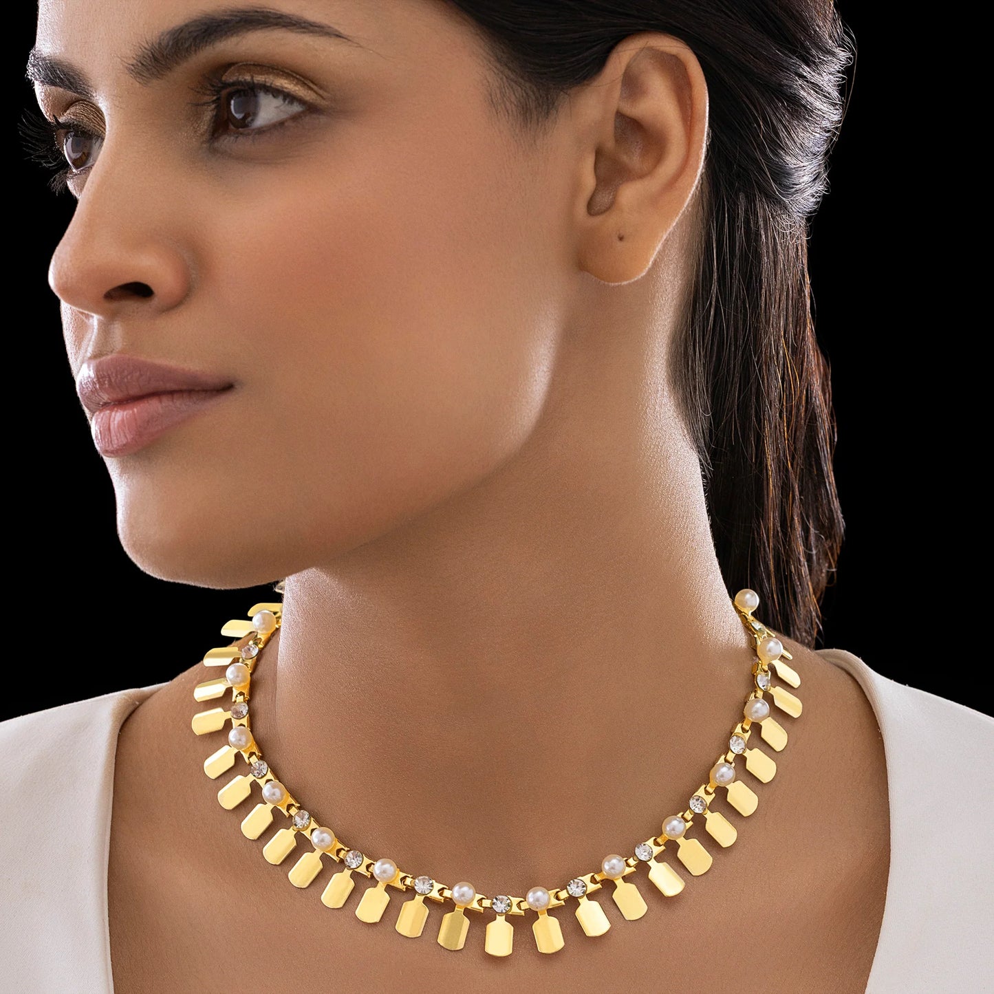AUROZI Anti-Tarnish Gold Plated Tribal Necklace With Pearl & Crystal