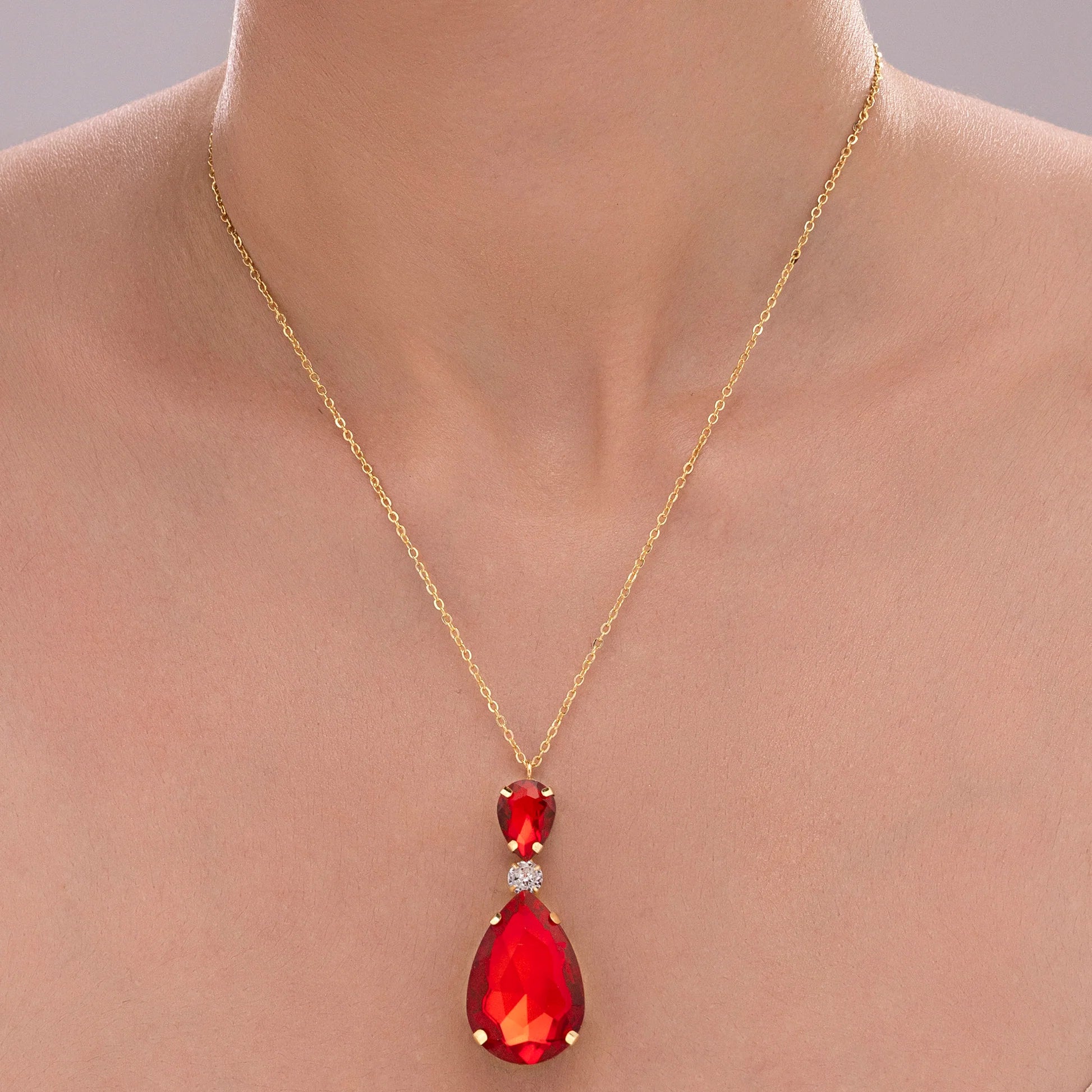 AUROZI Anti-Tarnish Siam Red Drop Crystal Pendant Necklace