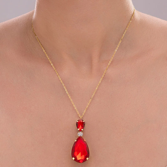 AUROZI Anti-Tarnish Siam Red Drop Crystal Pendant Necklace