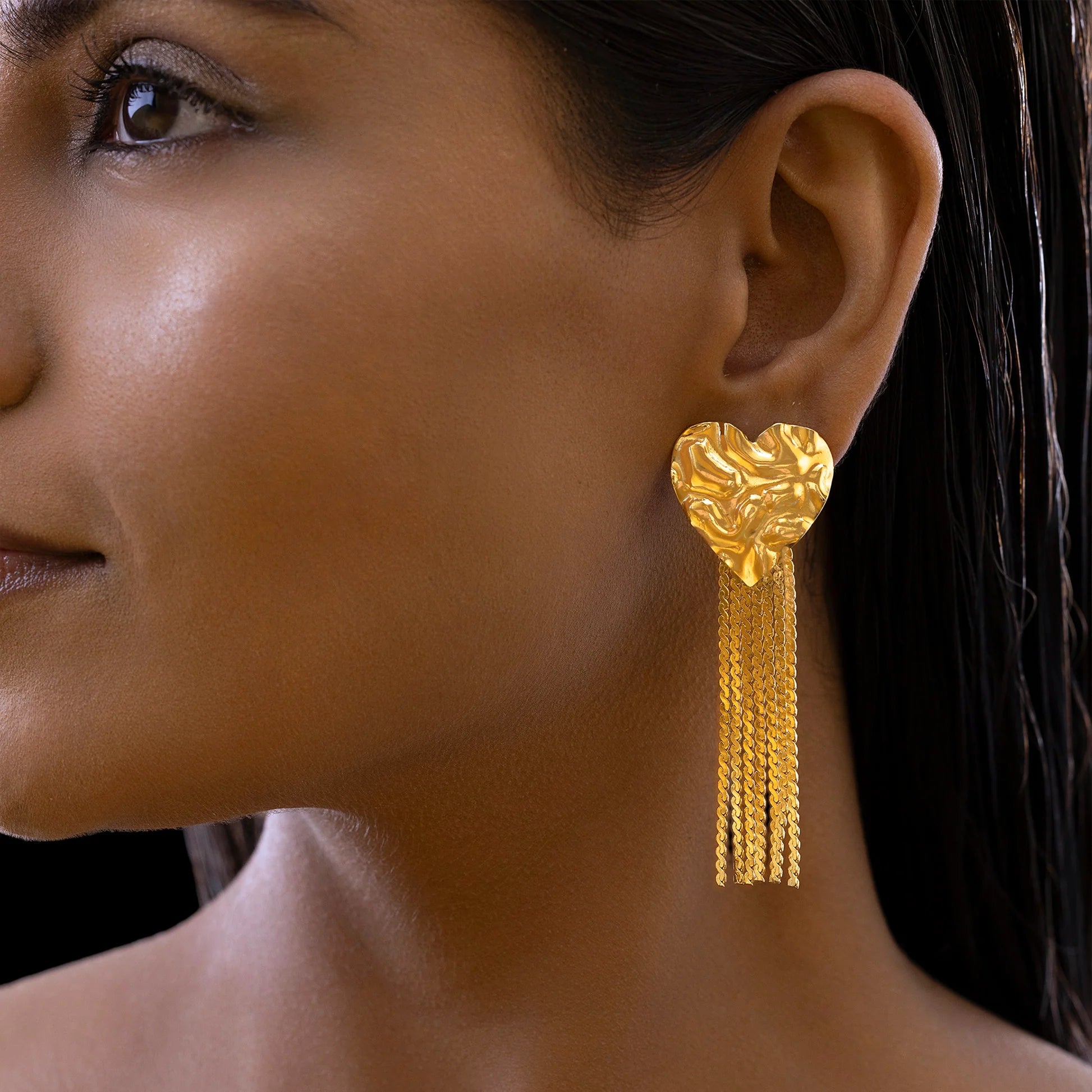 AUROZI Anti-Tarnish Textured Heart Earrings With Chain Tassels