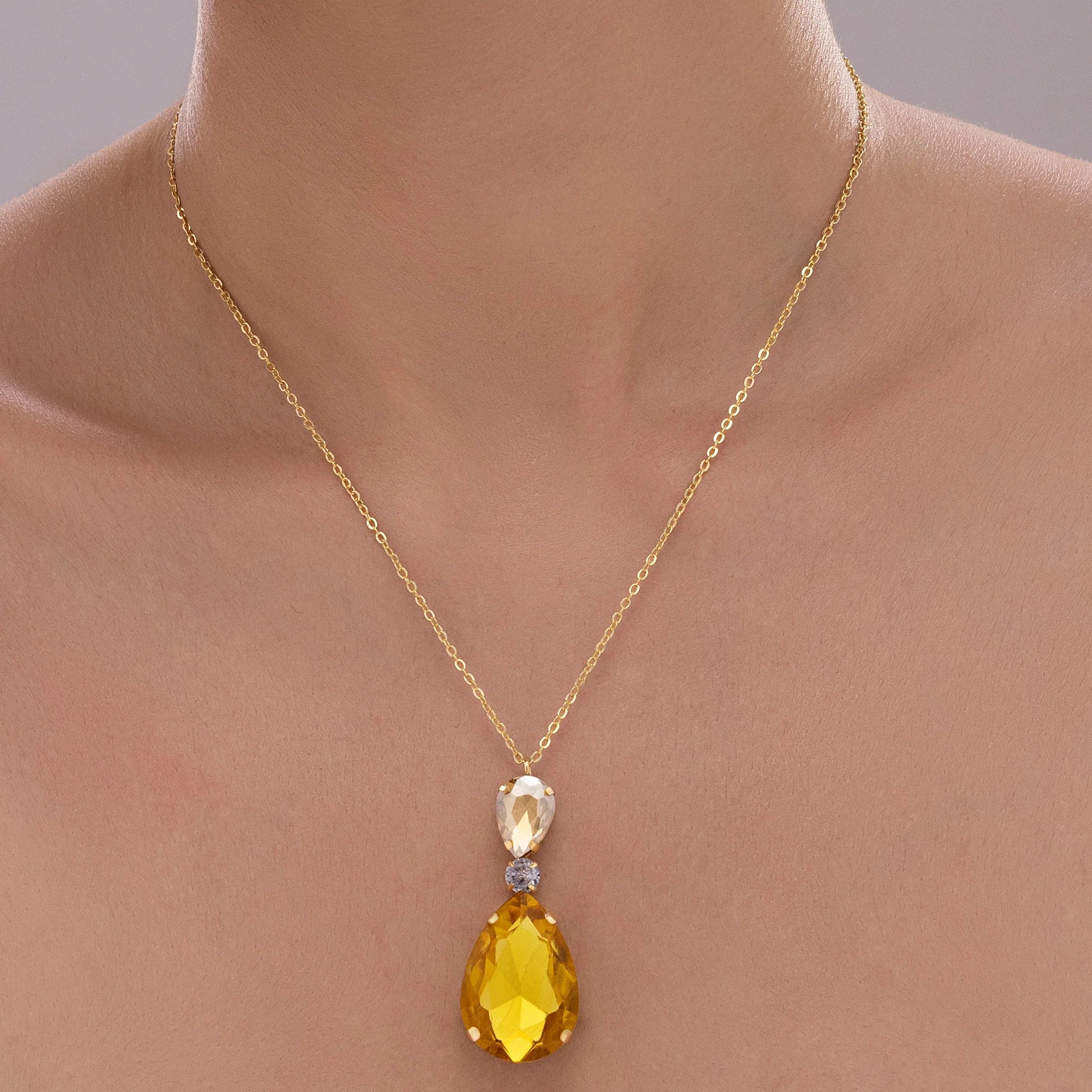AUROZI Anti-Tarnish Light Topaz Drop Crystal Pendant Necklace