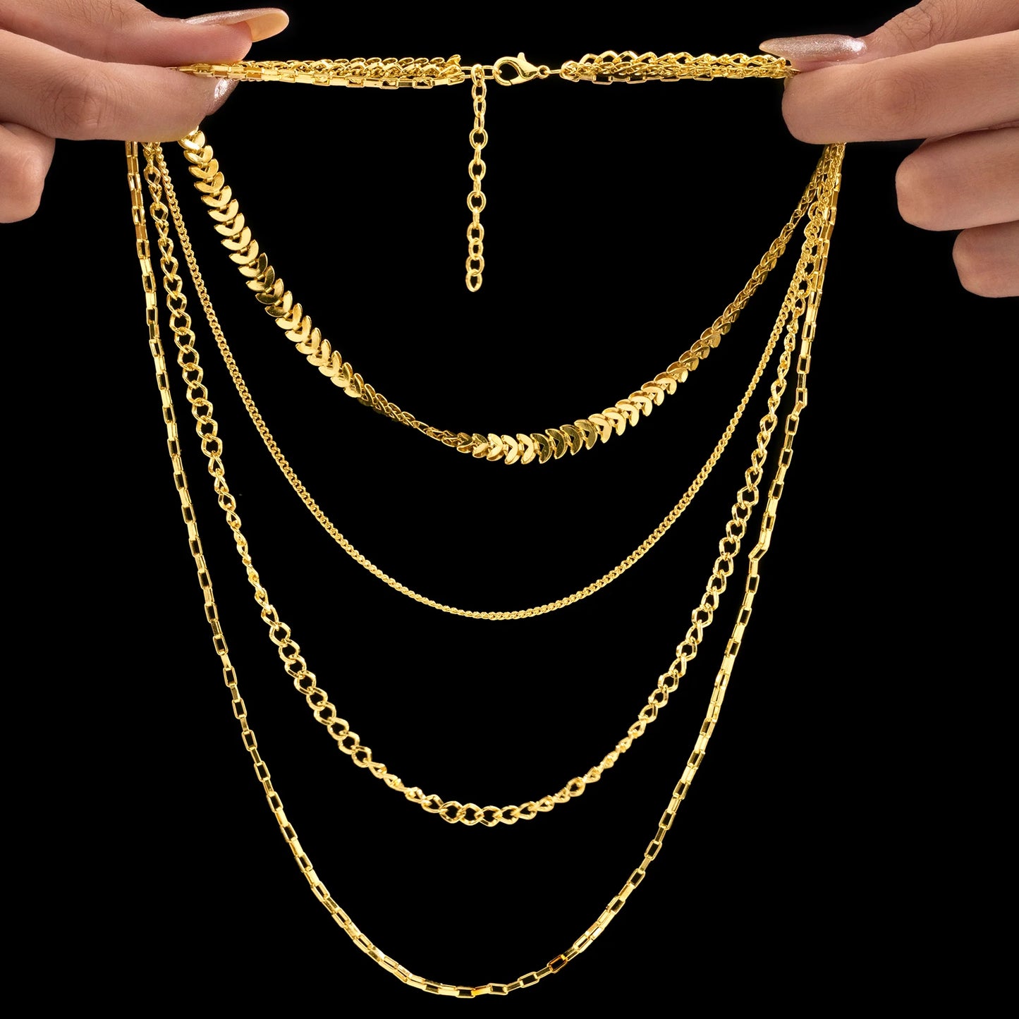 AUROZI Anti-Tarnish Four-Layer Golden Chain Necklace