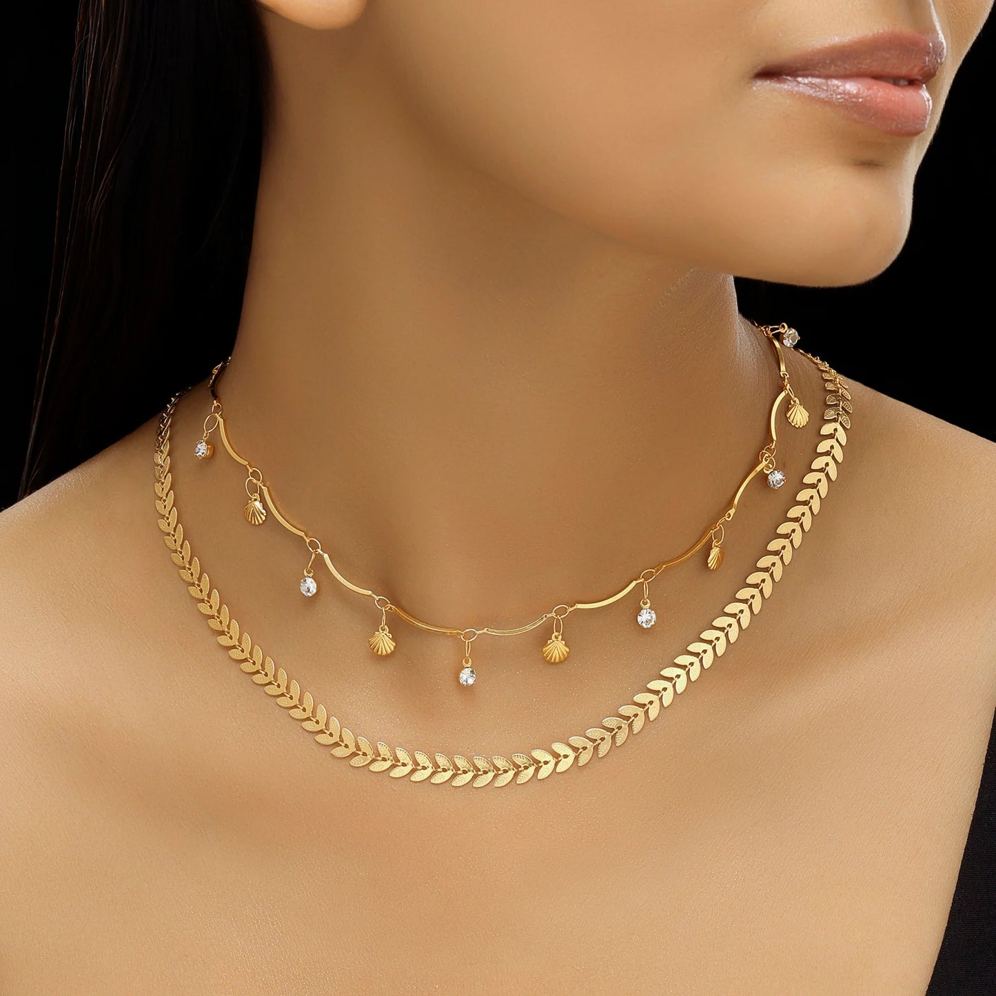 AUROZI Anti-Tarnish Double Layer Chevron Chain With Shell Charms Necklace