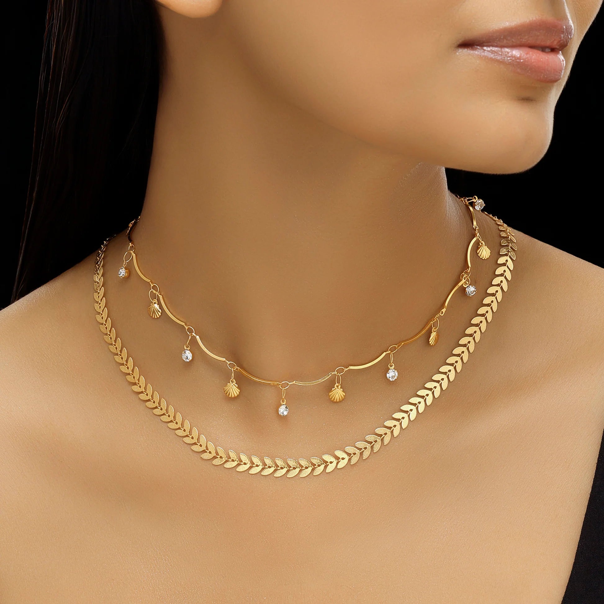 AUROZI Anti-Tarnish Double Layer Chevron Chain With Shell Charms Necklace