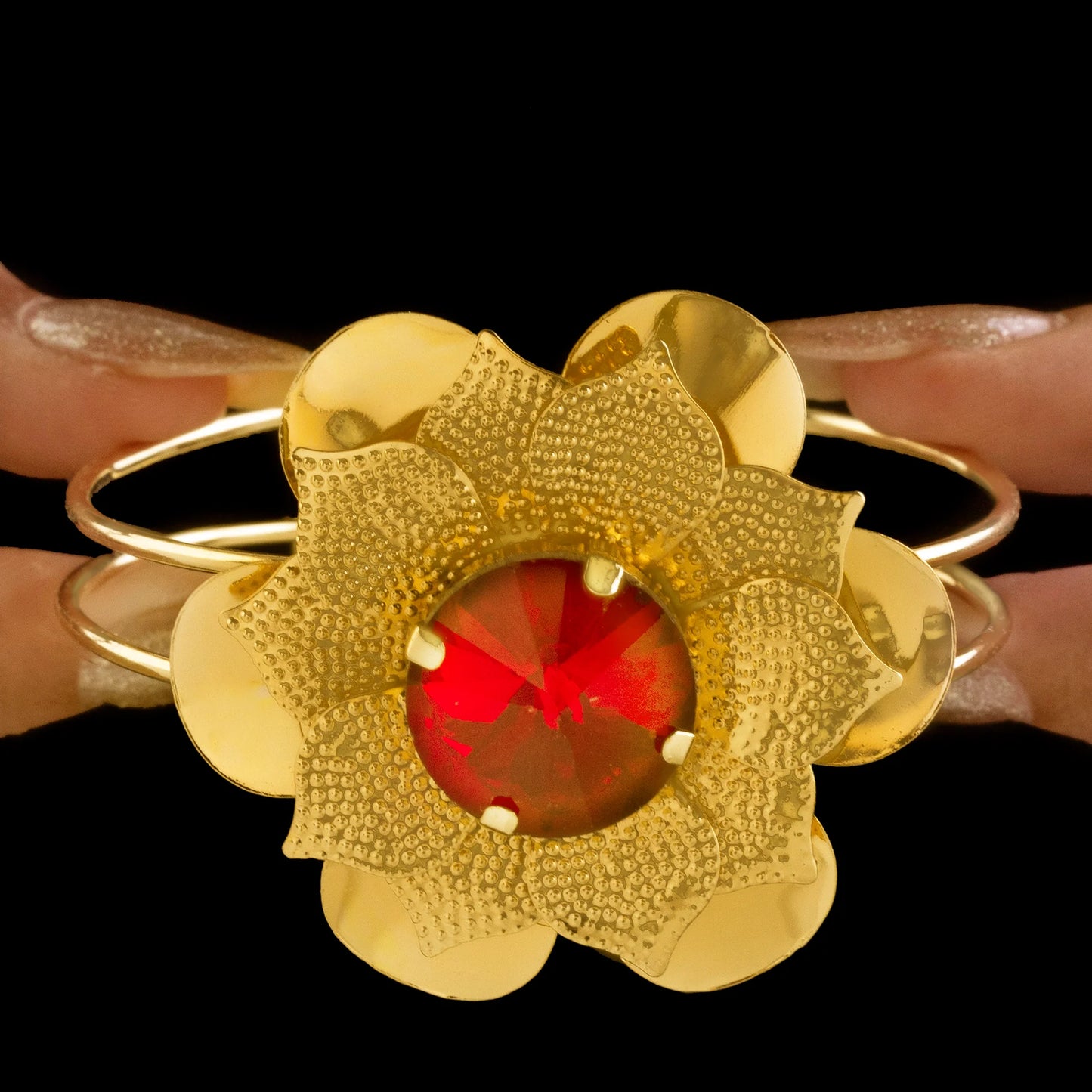 AUROZI Anti-Tarnish Ruby Flower Super Saver Pack Of GOLD Plated WAVY Necklace Set With Earrings, Bracelet & Rings