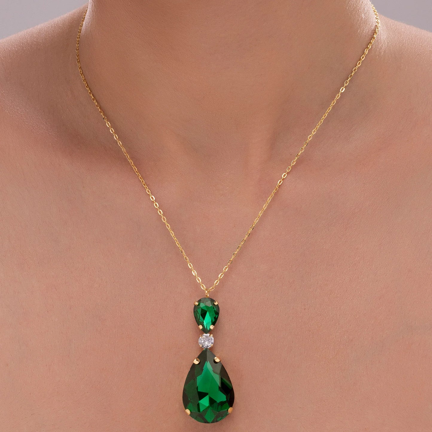 AUROZI Anti-Tarnish Emerald Green Drop Crystal Pendant Necklace