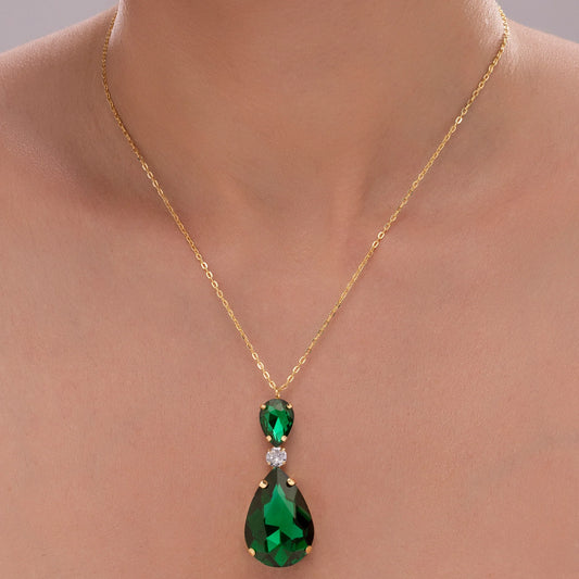 AUROZI Anti-Tarnish Emerald Green Drop Crystal Pendant Necklace