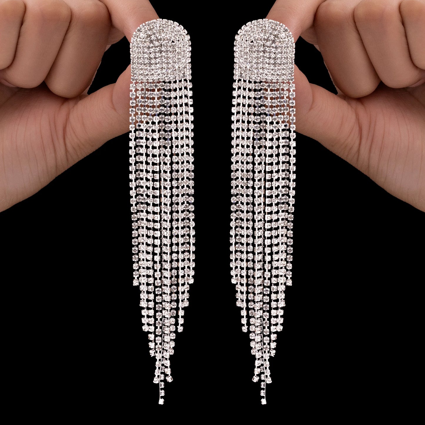 AUROZI Anti-Tarnish D-Shaped Silver Statement Earrings with Rhinestone Tassels