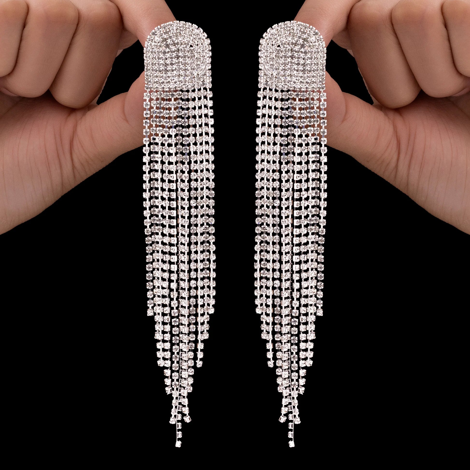 AUROZI Anti-Tarnish D-Shaped Silver Statement Earrings with Rhinestone Tassels
