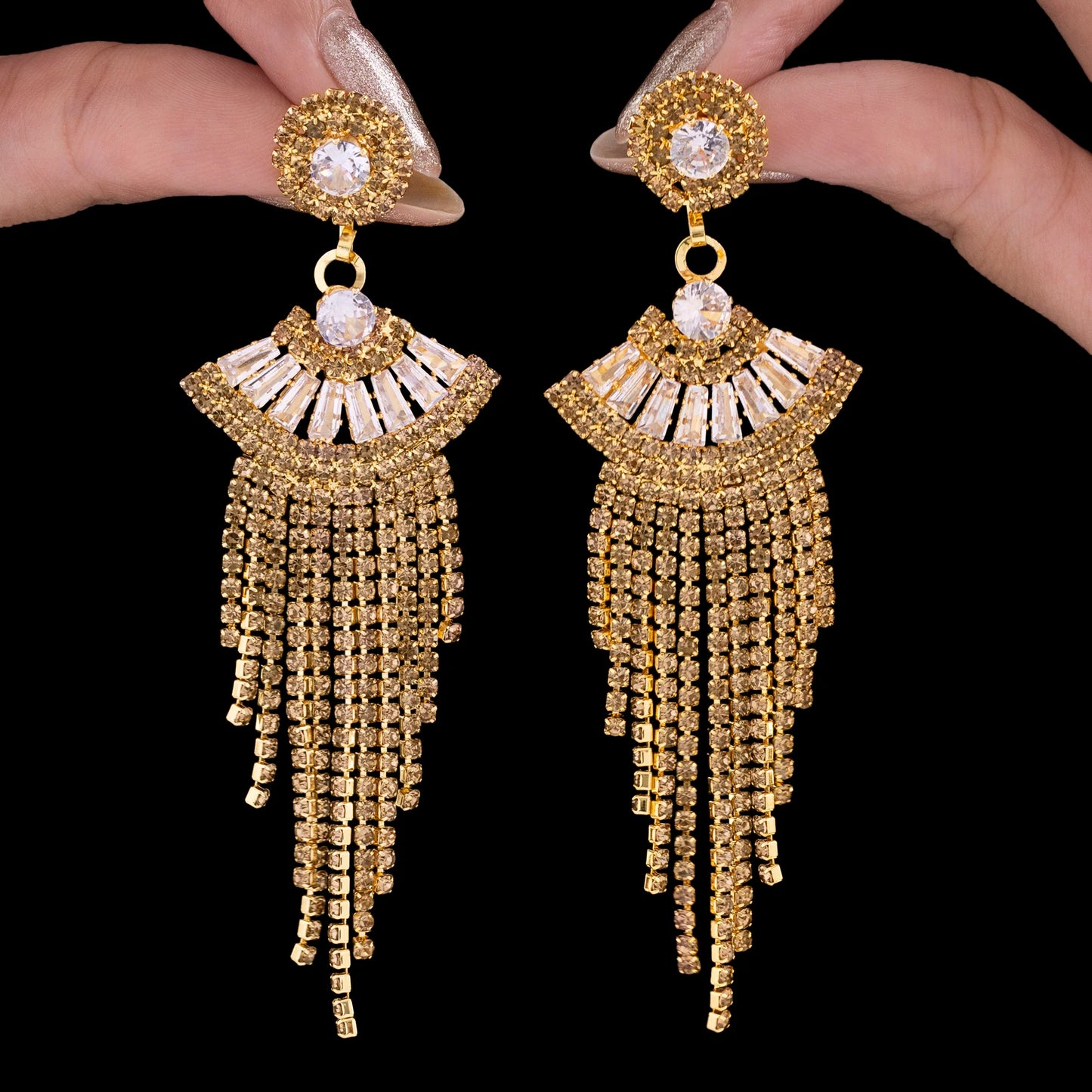 AUROZI Anti-Tarnish Crystal Dangler Earrings – Rhinestone & Baguette Statement Piece