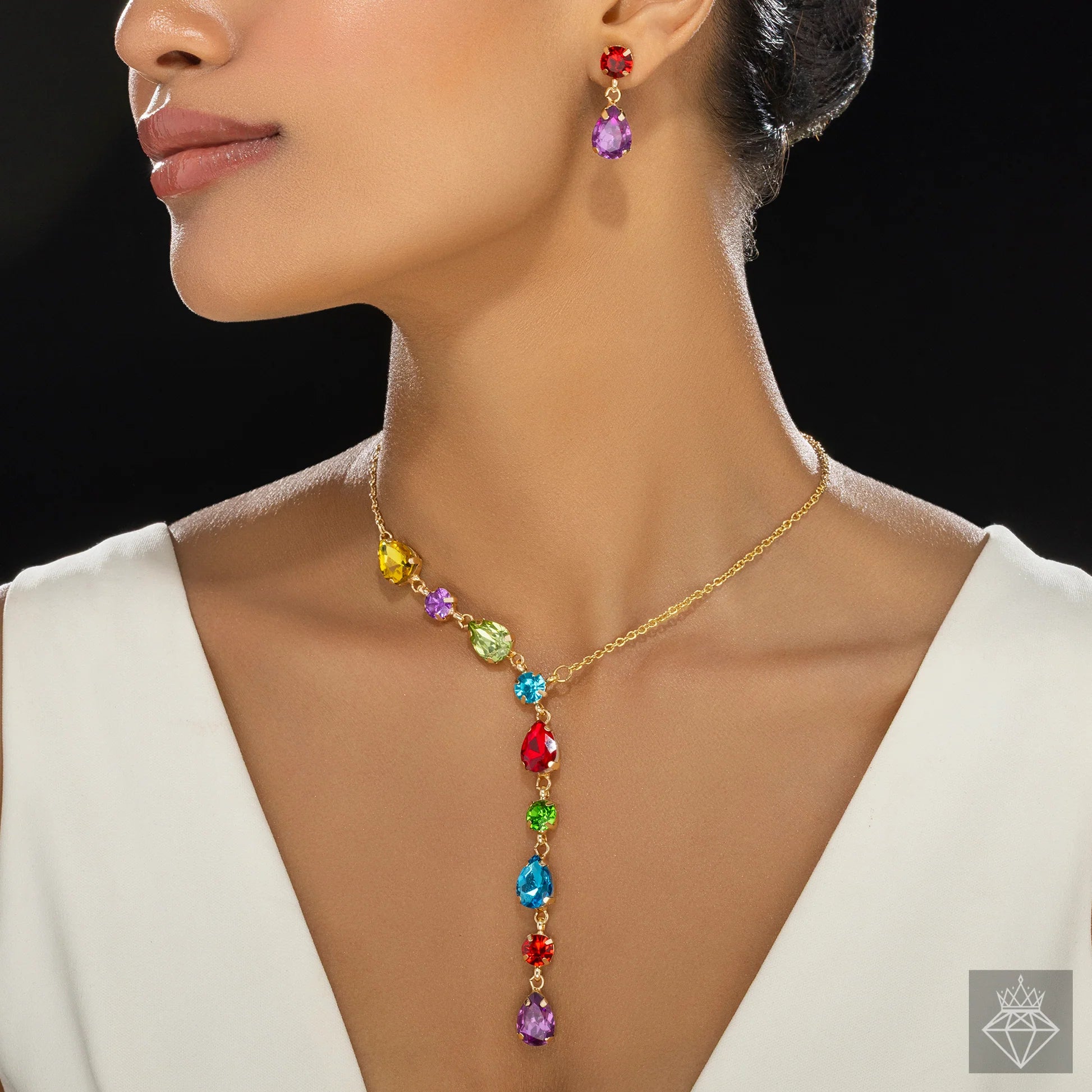 AUROZI Anti-Tarnish Crystal Y Necklace Set With Earrings