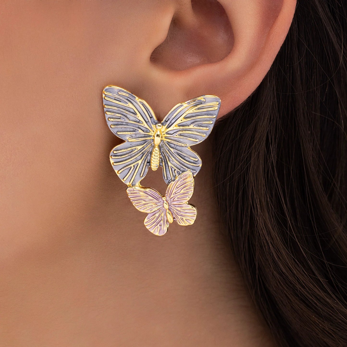 AUROZI Anti-Tarnish Blue and Pink Enamel Butterfly Dangle Earrings