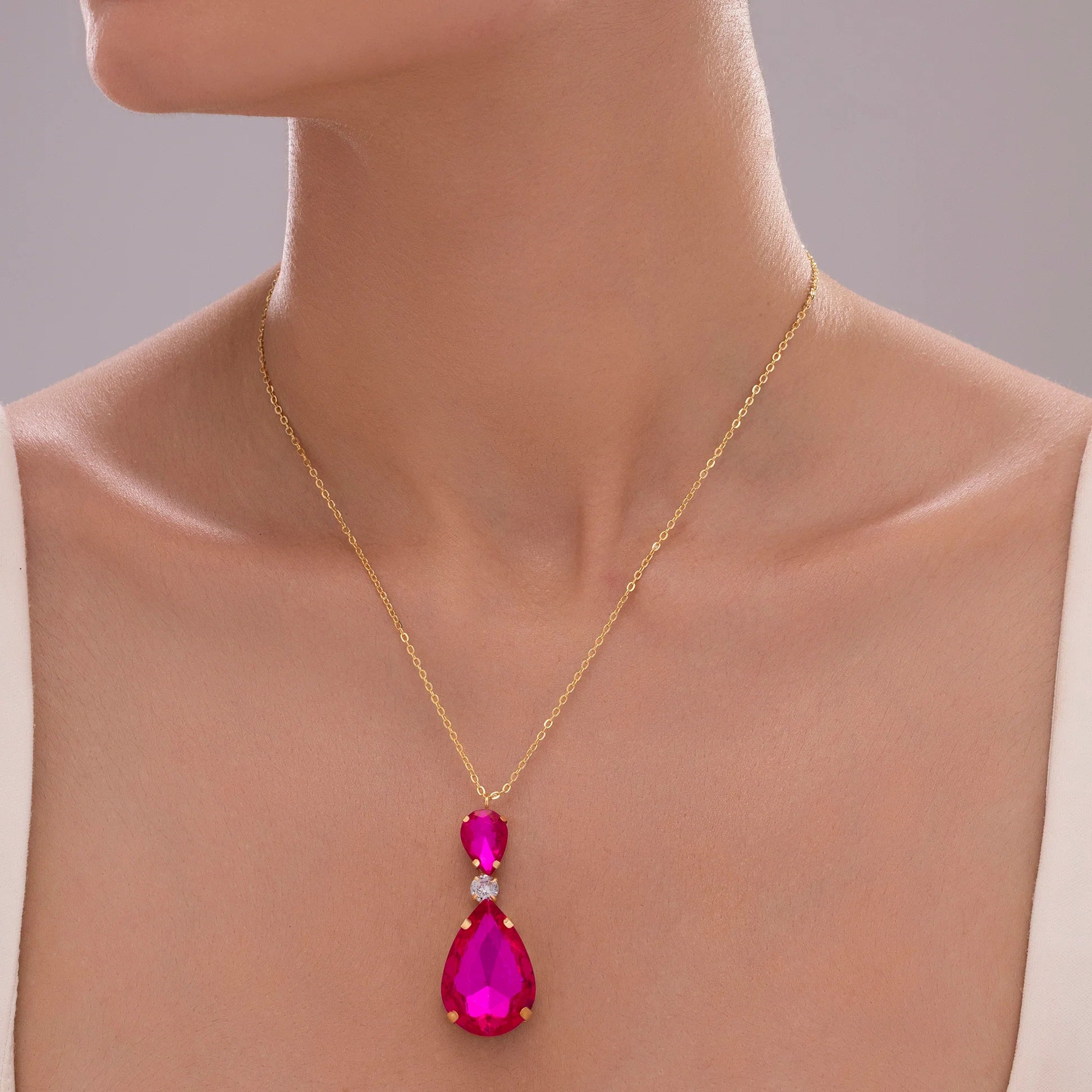 AUROZI Anti-Tarnish Fuchsia Pink Drop Crystal Pendant Necklace