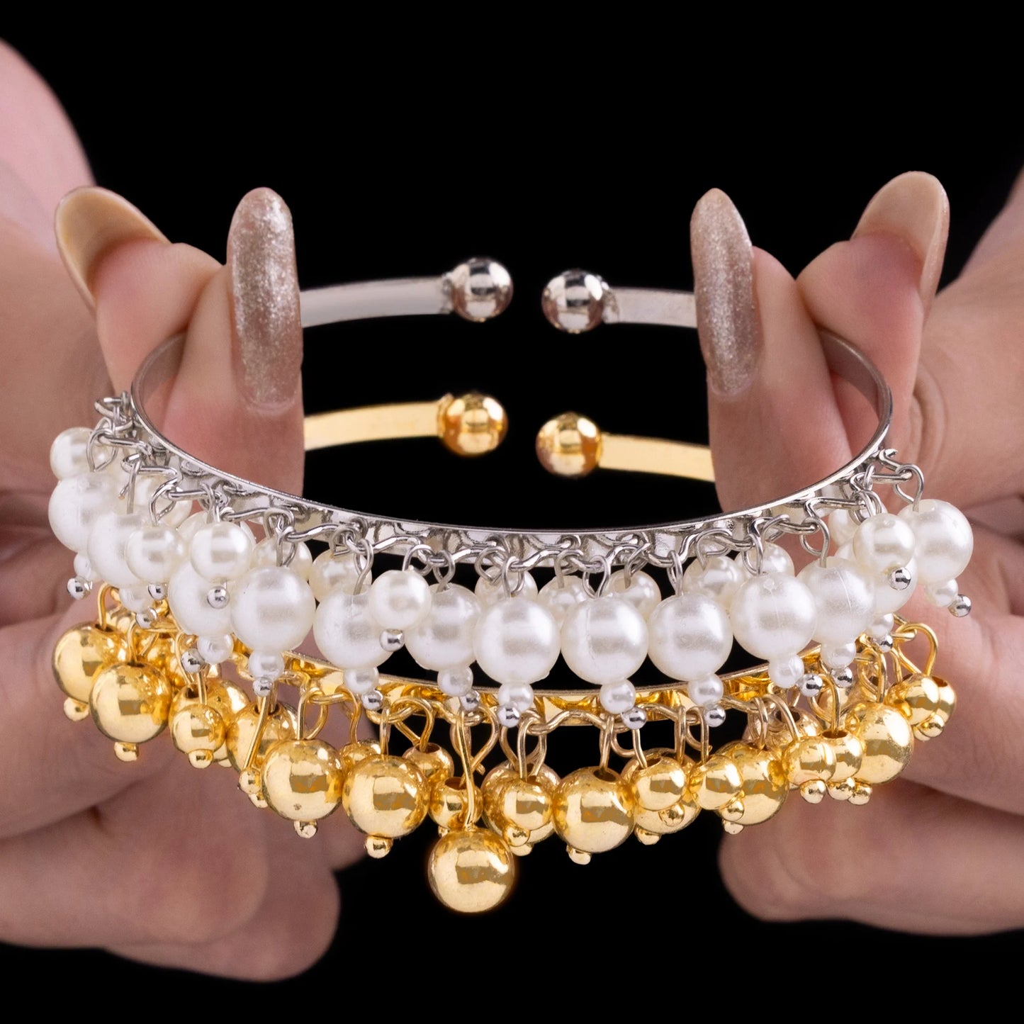 AUROZI Anti-Tarnish Golden & Pearl Bangle Bracelets Set (Adjustable Size)